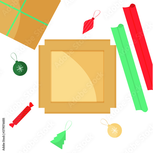 Preparing for Christmas. wrapping paper rolls, gift box and ribbons on a desk, top view. Christmas decoration. Flat illustration.