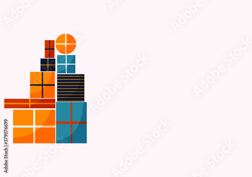 Flat lay christmas mockup with
bright gift boxes with bow and colorful background. Template for new year greeting card, invitation, poster, banner. Presents flat vector illustration. Top view.