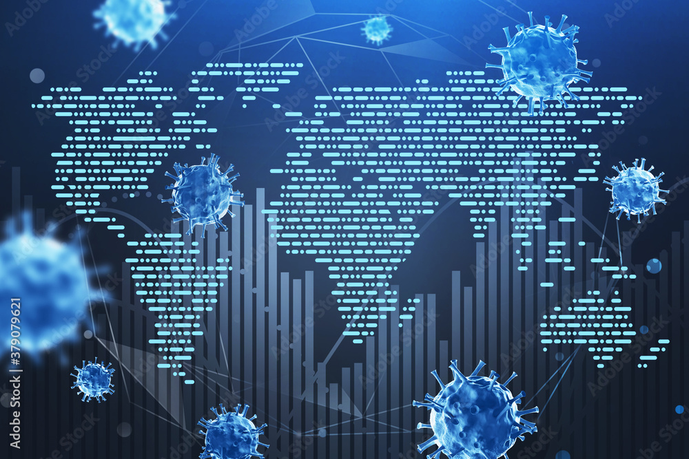 Covid, graph and world map over blue background Covid, graph and world map over blue background