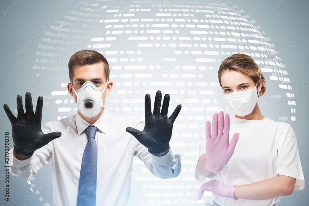 Man and woman in protective masks Man and woman in protective masks