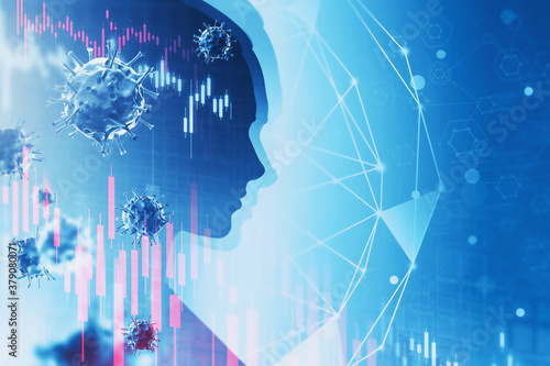 Woman head silhouette and coronavirus over blue background