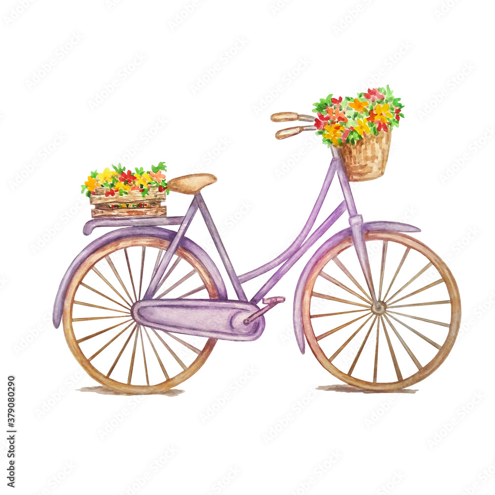 Retro purple bicycle, wooden box with flowers