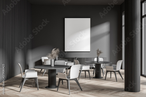 Stylish dark gray cafe interior with poster