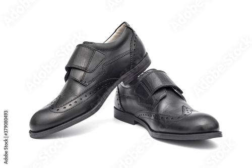 Black leather shoes isolated on white background. Classic mens black leather shoes isolated on white