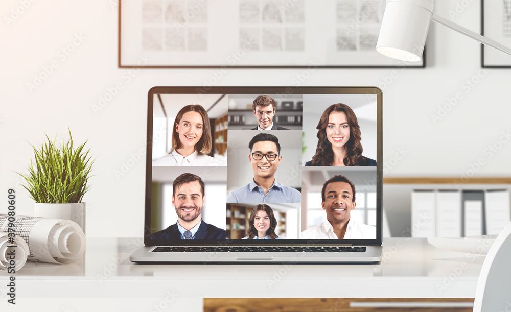 Diverse people having video chat, online education Diverse people having video chat, online education
