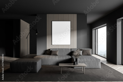 Gray living room with grey sofa and poster © ImageFlow
