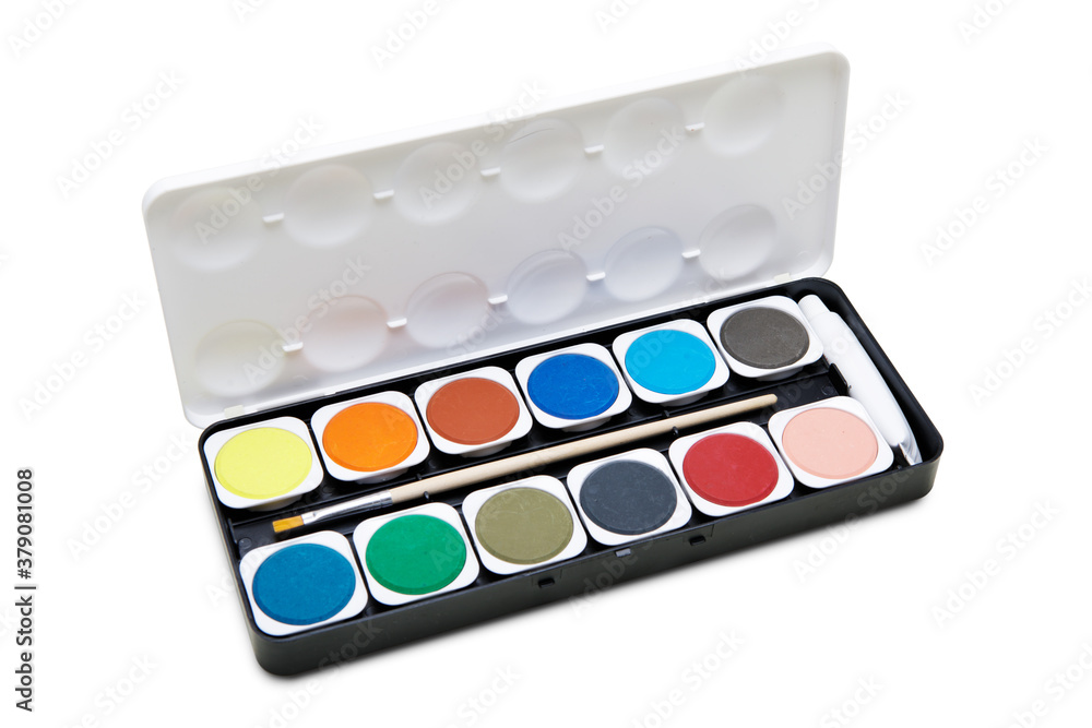 Watercolor paints box with paint brush on white background Watercolor paints box with paint brush on white background