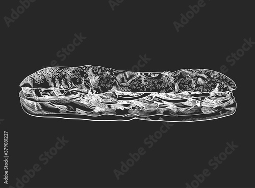 Vector Long Sandwich Sketch, Chalk Drawing Illustration, Hand Drawn Fast Food.