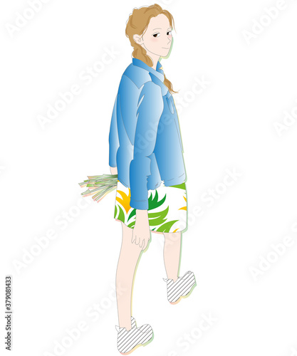 振り返る女性、ひとり歩きの散歩姿のイラスト、影あり、背景なし