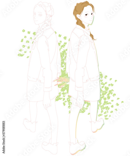 振り返る女性、二人で歩く散歩姿のイラスト、二人