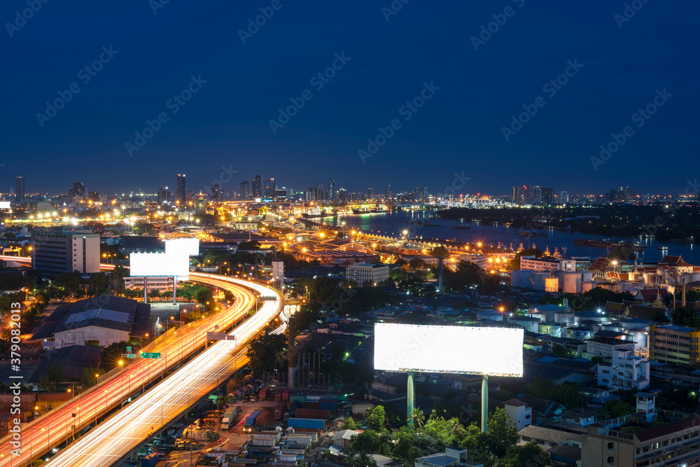 Cityscape of Bangkok viewing Chao Phraya River and expressway at night