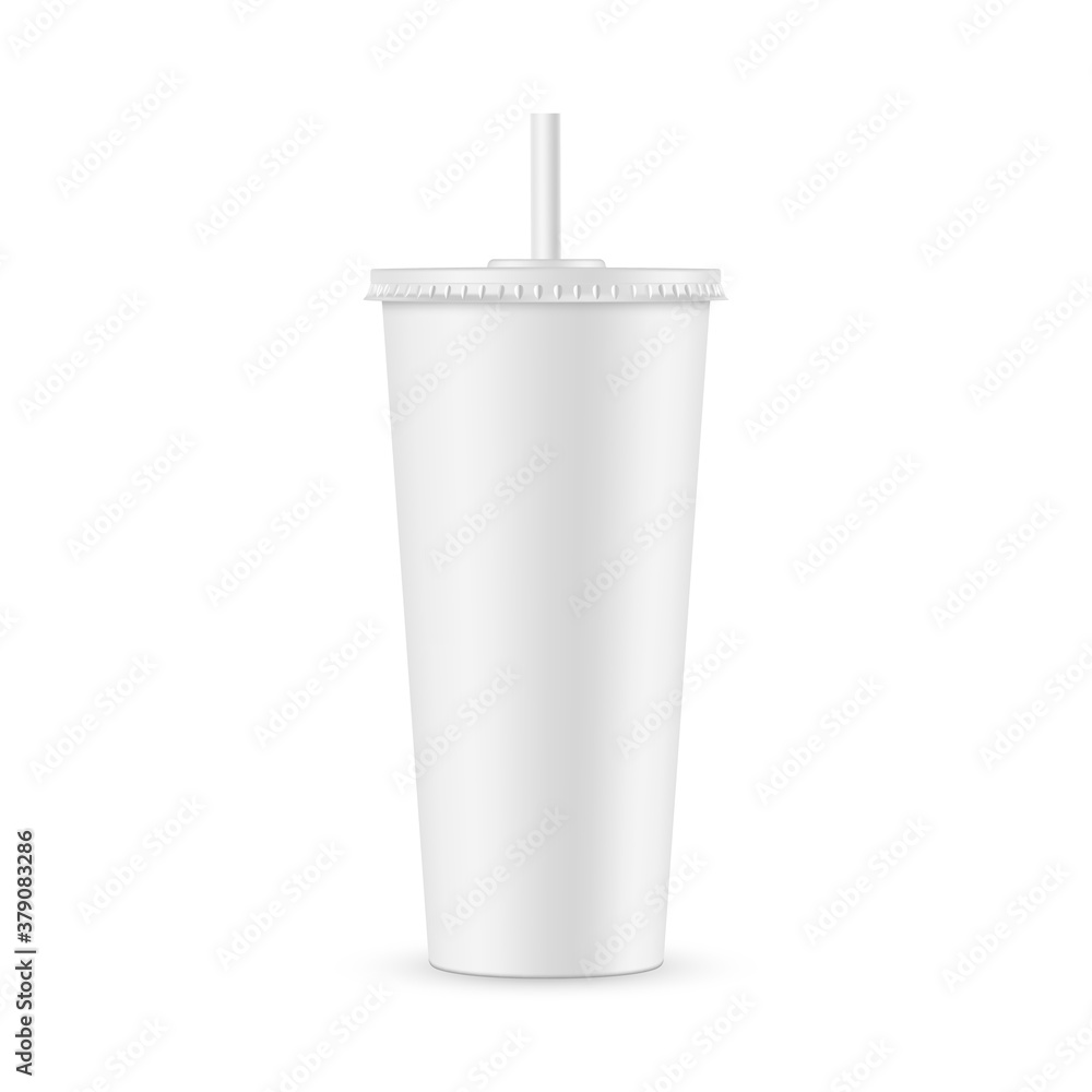 Tall disposable soda cup mockup with straw isolated on white background. Vector illustration Tall disposable soda cup mockup with straw isolated on white background. Vector illustration