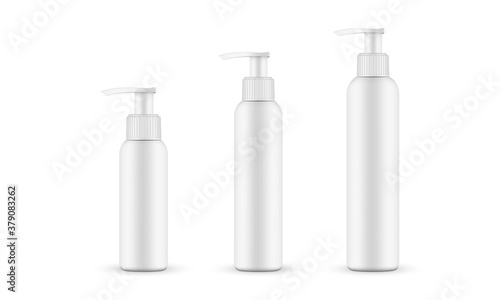 Set of plastic bottles with pump various sizes, isolated on white background. Vector illustration