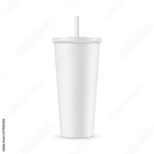 Tall disposable soda cup mockup with straw isolated on white background. Vector illustration