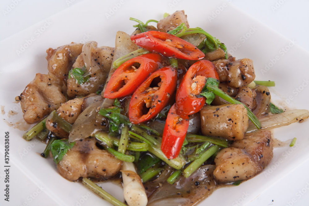 Homemande Thai food Stir fried fish fillet with sweet peppers in black pepper sauce Homemande Thai food Stir fried fish fillet with sweet peppers in black pepper sauce