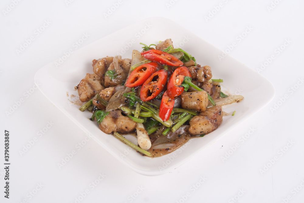 Homemande Thai food Stir fried fish fillet with sweet peppers in black pepper sauce Homemande Thai food Stir fried fish fillet with sweet peppers in black pepper sauce
