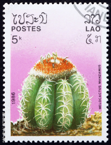 Postage stamp Laos 1986 dwarf Turks-cap cactus photo