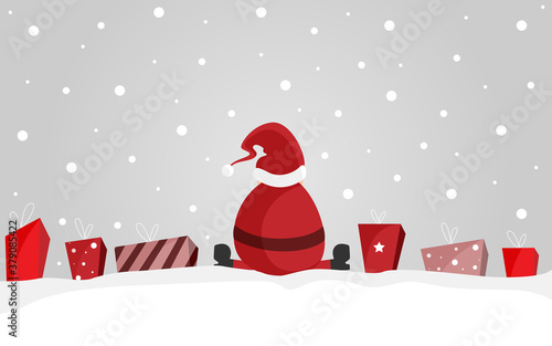 Geschenkkarte - Weihnachtsmann sitzt im Schnee zwischen Geschenken. Geschenkkarte. Banner. Grau