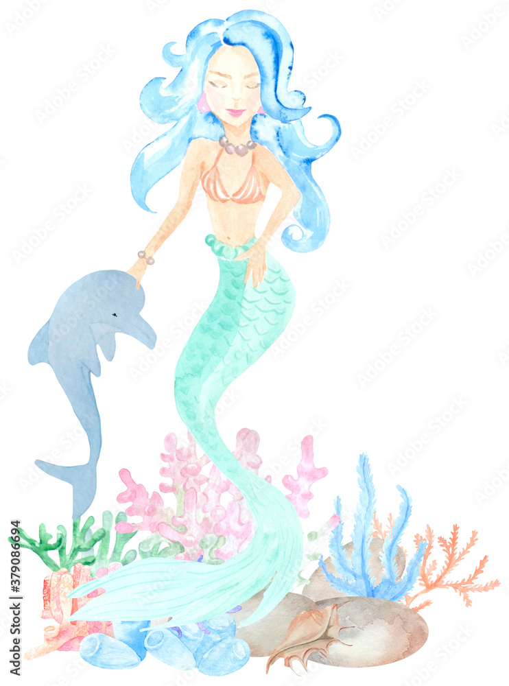 Watercolor marine illustration of a mermaid with a dolphin. Perfect for textile, printing, web design, souvenirs, children's photo albums and many other creative ideas. Watercolor marine illustration of a mermaid with a dolphin. Perfect for textile, printing, web design, souvenirs, children's photo albums and many other creative ideas.
