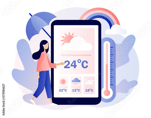 Weather forecast online. Tiny girl watching the weather forecast in smartphone app. Sun, clouds, wind, thunderstorm,rain. Meteorology science. Modern flat cartoon style. Vector illustration