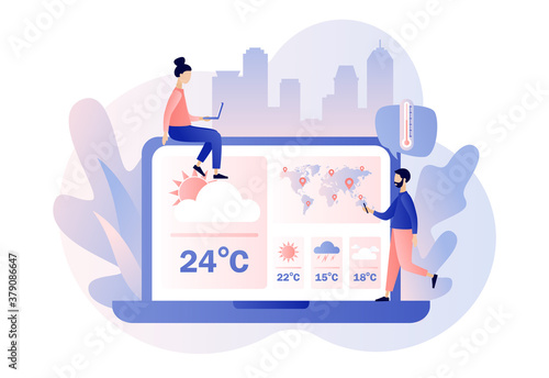 Weather forecast online. Tiny people watching the weather forecast use laptop. Sun, clouds, wind, thunderstorm,rain. Meteorology science. Modern flat cartoon style. Vector illustration