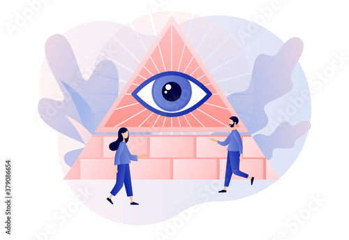 Pyramid with all-seeing eye. Conspiracy theory. Symbol of world government. Modern flat cartoon style. Vector illustration on white background