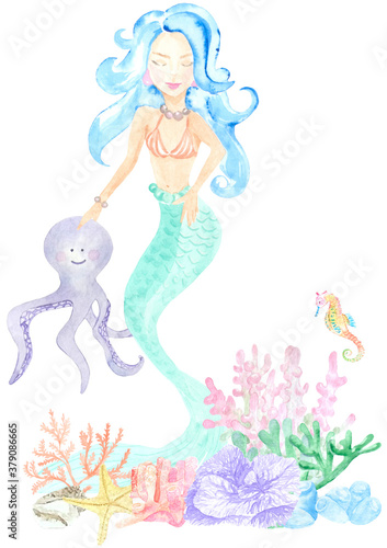 Watercolor marine illustration of the mermaid underwater world with octopus. Perfect for textile, printing, web design, souvenirs, children's photo albums and many other creative ideas.