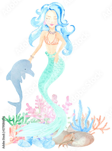 Watercolor marine illustration of a mermaid with a dolphin. Perfect for textile  printing  web design  souvenirs  children s photo albums and many other creative ideas.