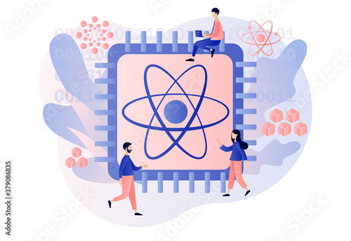 Quantum computing concept. Tiny people engineers and scientists working with big quantum computer chip. Optical technology, photonics research. Modern flat cartoon style. Vector illustration