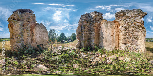 Fototapeta Naklejka Na Ścianę i Meble -  full seamless spherical hdri panorama 360 degrees angle view near brick wall of ruined castle or church in equirectangular projection with zenith and nadir, ready for  VR virtual reality content