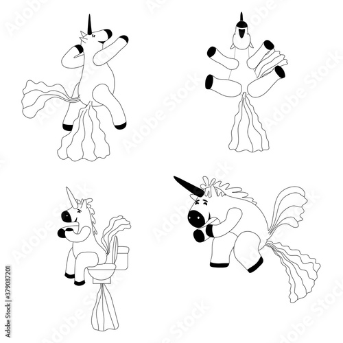 Set Unicorns smiling pooping a rainbow, fantasy cute character beast multicolored shit turd, lineart
