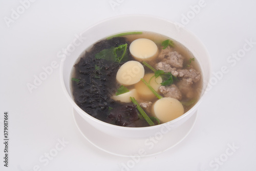 Clear Soup egg tofu, Mince pork with seaweed on white background.