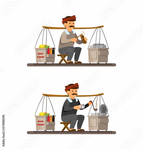 Man carrying cart to selling Baso Cuanki is Meatball Soup traditional street food from West Java. Indonesia concept in cartoon