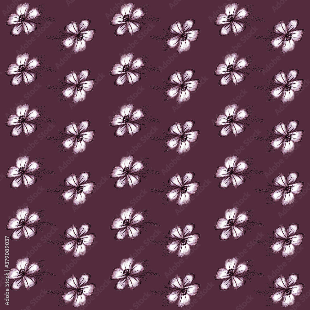 Seamless Pattern with Hand-Drawn Flower. Background with Thin-leaved Marigolds for Print, Design, Holiday, Wedding and Birthday Card. Seamless Pattern with Hand-Drawn Flower. Background with Thin-leaved Marigolds for Print, Design, Holiday, Wedding and Birthday Card.