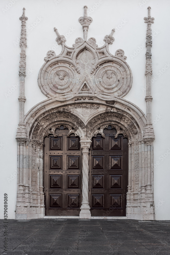 view of the main door the main church  of ponta delgada, sao miguel, azores.