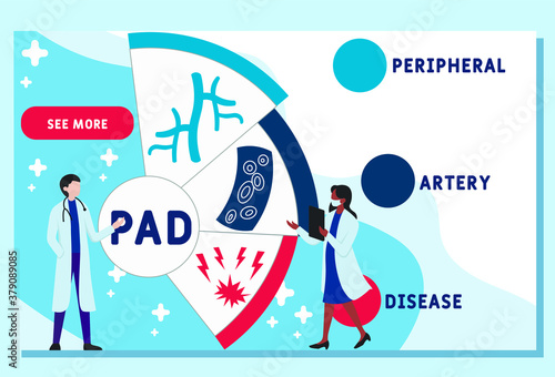 Vector website design template. PAD - Peripheral Artery Disease, acronym medical concept. illustration for website banner, marketing materials, business presentation, online advertising.