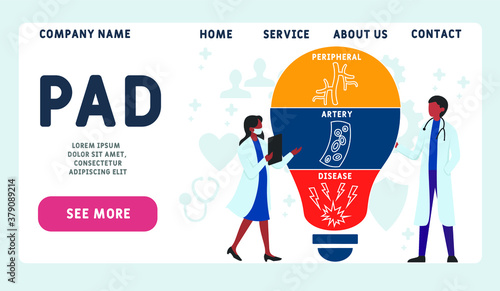 Vector website design template. PAD - Peripheral Artery Disease, acronym medical concept. illustration for website banner, marketing materials, business presentation, online advertising.