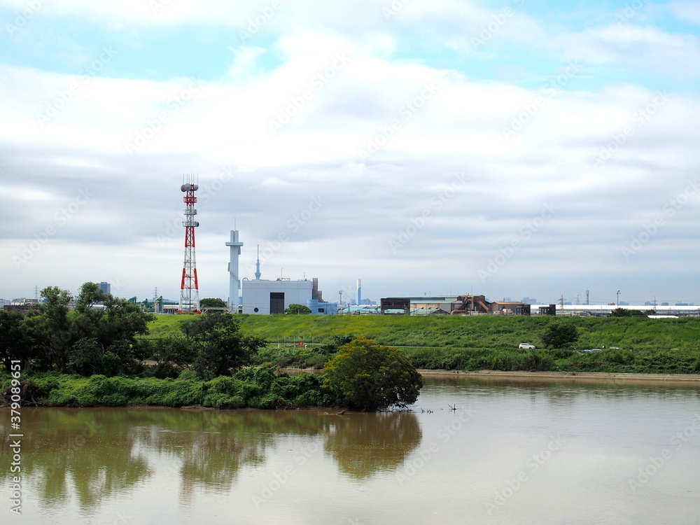 秋の朝の江戸川風景