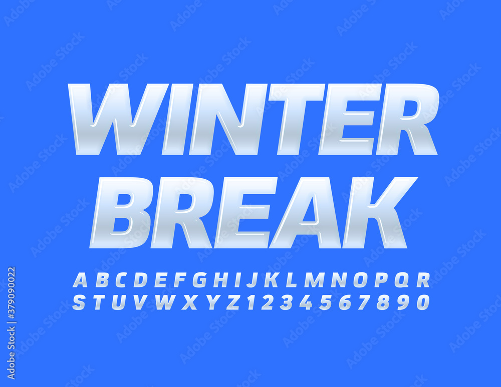 Vector holiday sign Winter Break. Cold White Font. Glossy modern Alphabet Letters and Numbers set