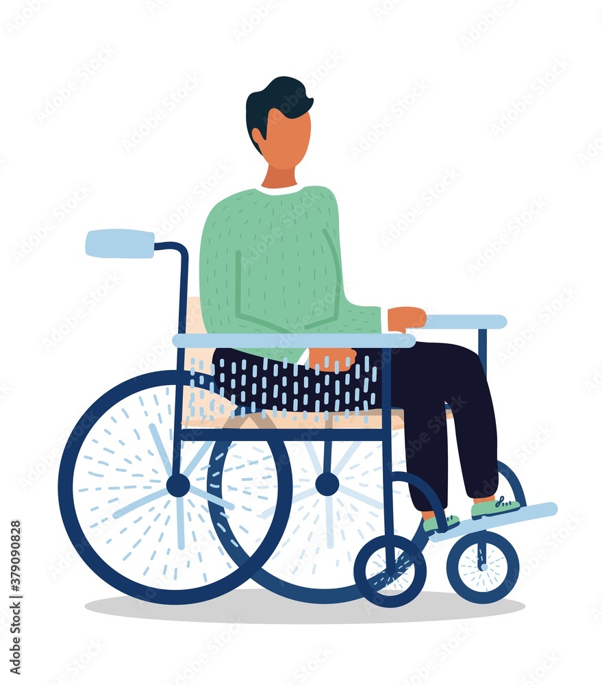 Fototapeta premium cartoon young man sit in wheelchair with blue elements and beige back and seat. Black trousers and green sweater. Hand drawn style. isolated on white background.