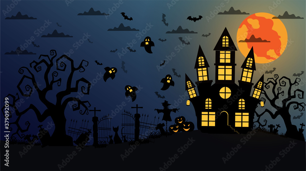 Halloween and full moon in the dark night.Dark castle on blue Moon background. Ghost and flying bats, tomb, scary.