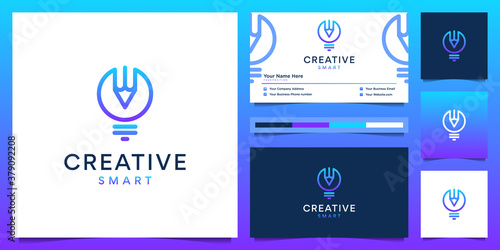 Creative logo design and business card. Modern gradient bulb and pencil with liner style