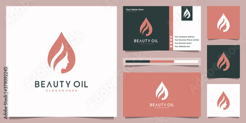 Feminine logo design and business card template. beauty women and oil negative space logo concept