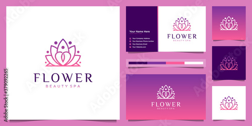 Flower logo design and business card template. beauty lotus flower liner logo feminine with gradient color