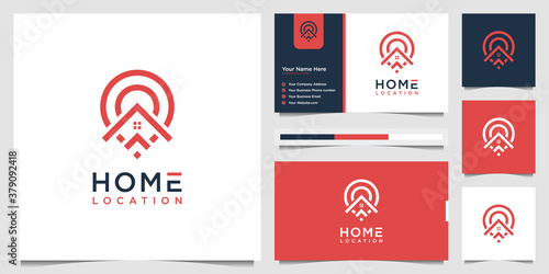 home location logo design and business card template. simple logo home and pin location symbol real estate.