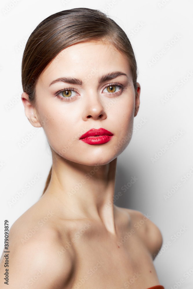 Girl with bare shoulders Red lips attractive look model bright makeup Girl with bare shoulders Red lips attractive look model bright makeup
