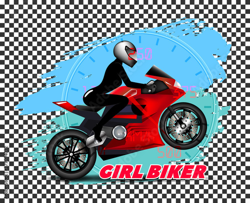 Sexy biker girl in a black tight-fitting suit on a red sports motorcycle with a raised front wheel on a staggered background. EPS10