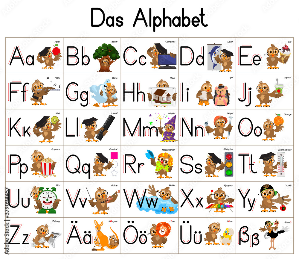 Catena paradijs grillen German deutsch ABC alphabet set cartoon letters with owl character Stock  Vector | Adobe Stock