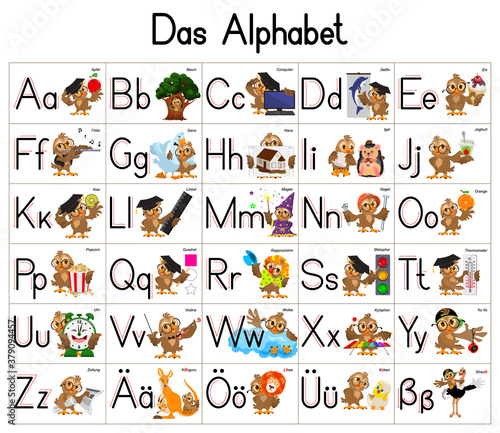 German deutsch ABC alphabet set cartoon letters with owl character