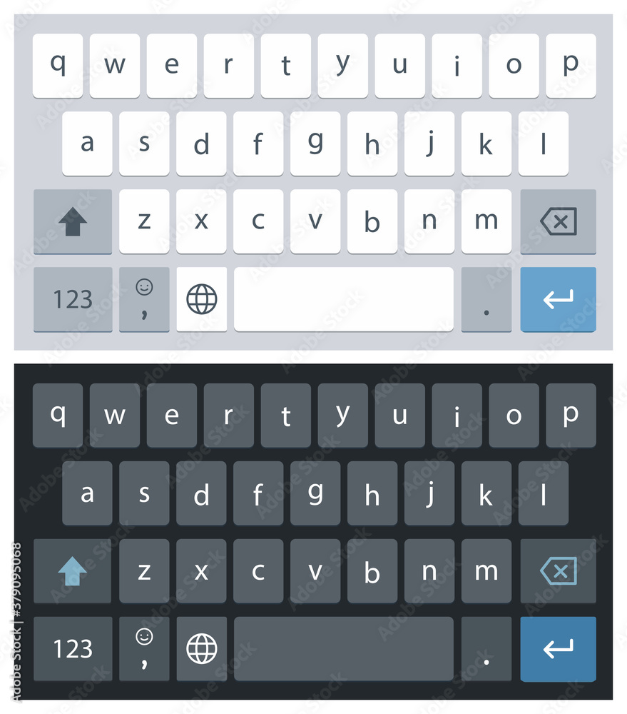 Smartphone keyboard in light and dark mode, keypad alphabet buttons in modern flat style, mobile phone tab concept for white and black color text app. Vector Smartphone keyboard in light and dark mode, keypad alphabet buttons in modern flat style, mobile phone tab concept for white and black color text app. Vector